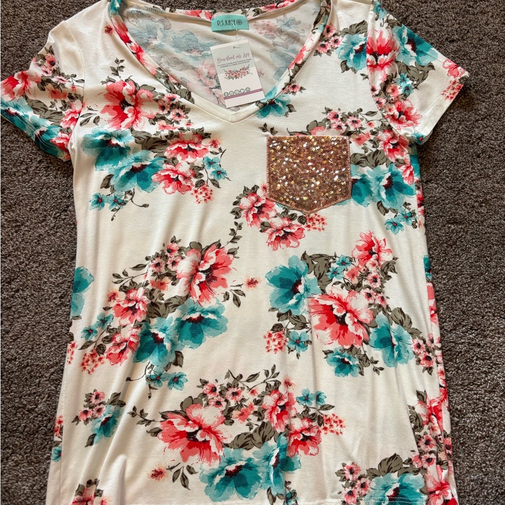 Floral V-Neck Top with Sequin Pocket